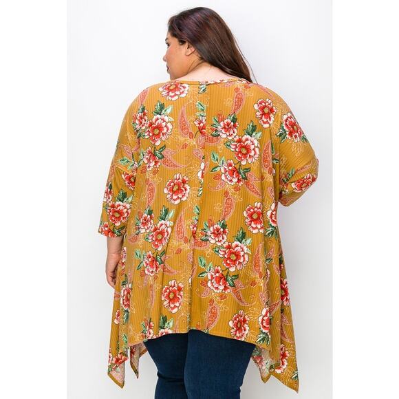 055 Curvy Lovey Flower Print Side Drape Tunic Top in Mustard - Picture 3 of 5